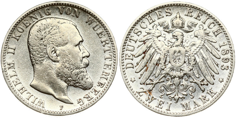 Germany, Württemberg. Wilhelm II (1891-1918). 2 Mark 1893 F. Silver 10.98 g. KM-...