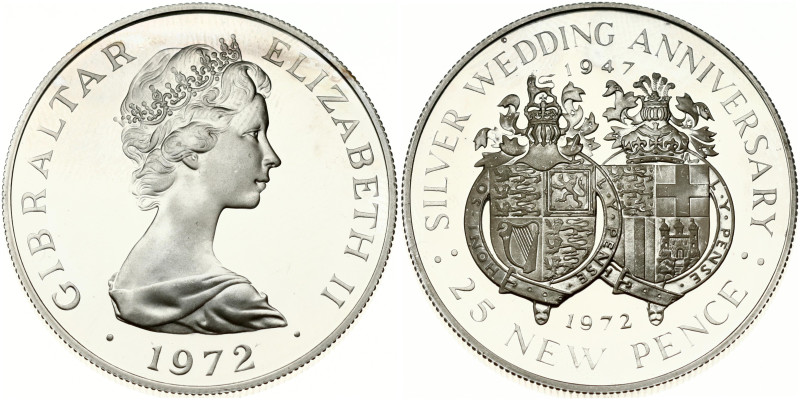 Gibraltar. Elizabeth II (1952-2022). 25 New Pence 1972 Silver Wedding. 25th Anni...