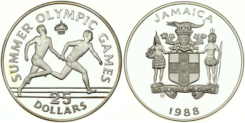 Jamaica 25 Dollars 1988 CHI Summer Olympics. Elizabeth II (1952-2022). Seoul Oly...