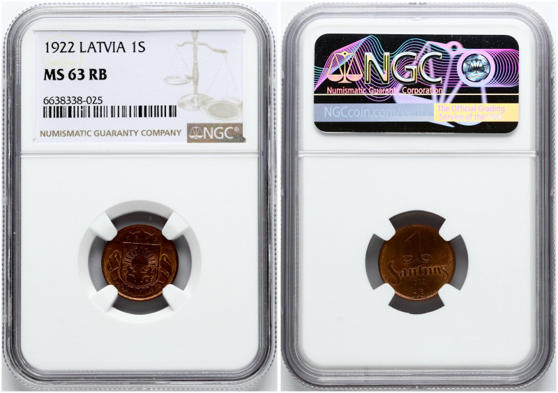 Latvia. 1 Santims 1922. Bronze. KM-1. NGC MS 63 RB.