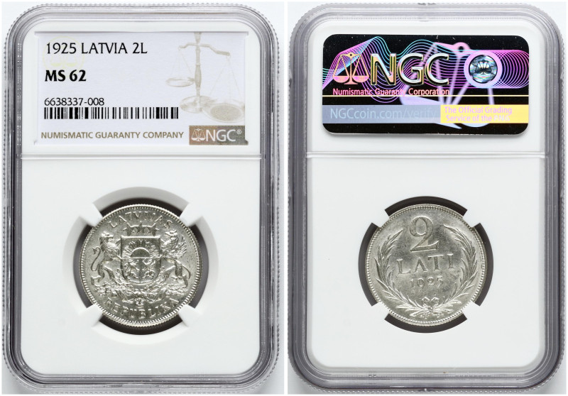 Latvia. 2 Lati 1925. Silver. KM-8. NGC MS 62.