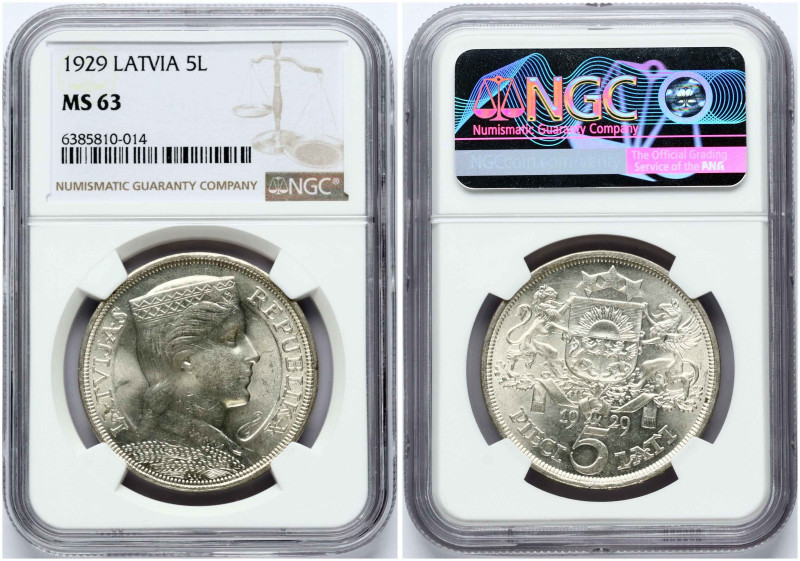 Latvia 5 Lati 1929. Silver. KM-9. NGC MS 63