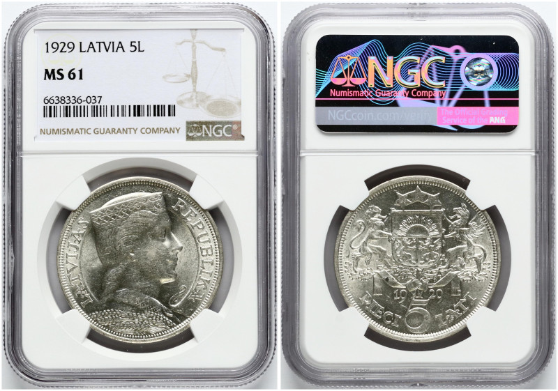 Latvia. 5 Lati 1929. Silver. KM-9. NGC MS 61.