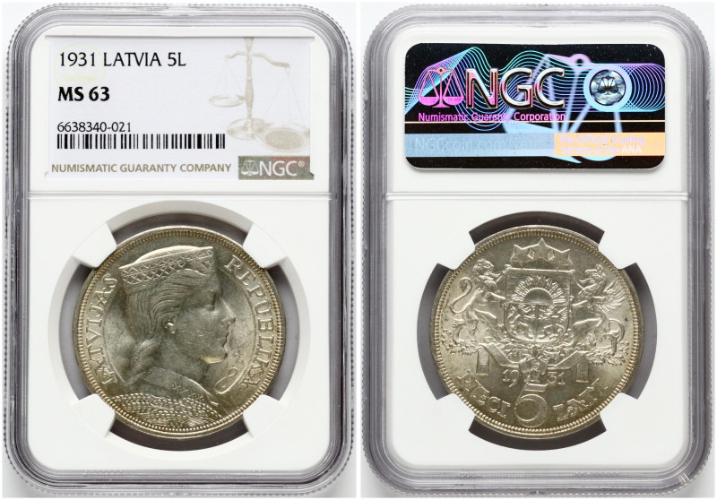 Latvia. 5 Lati 1931. Silver. KM-9. NGC MS 63.