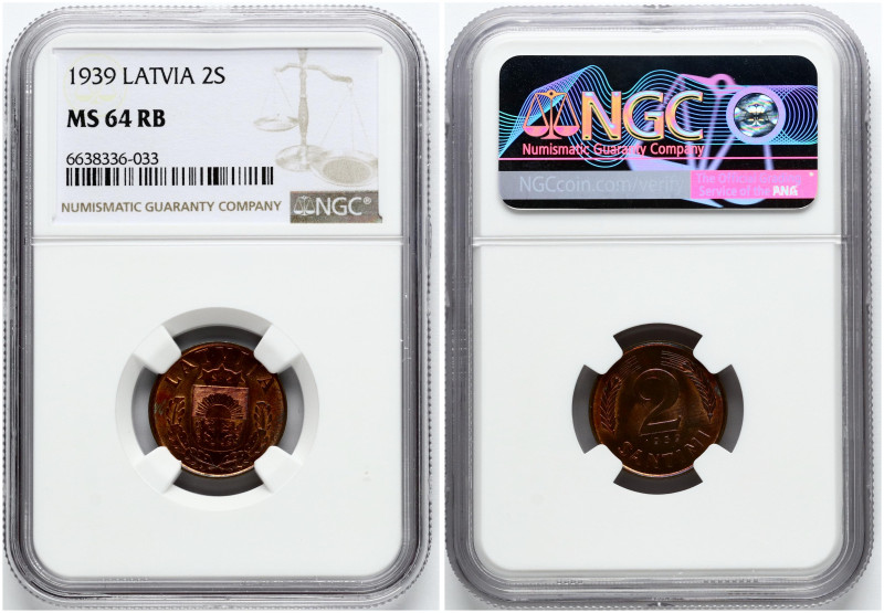 Latvia. 2 Santimi 1939. Bronze. KM-11. NGC MS 64 RB.