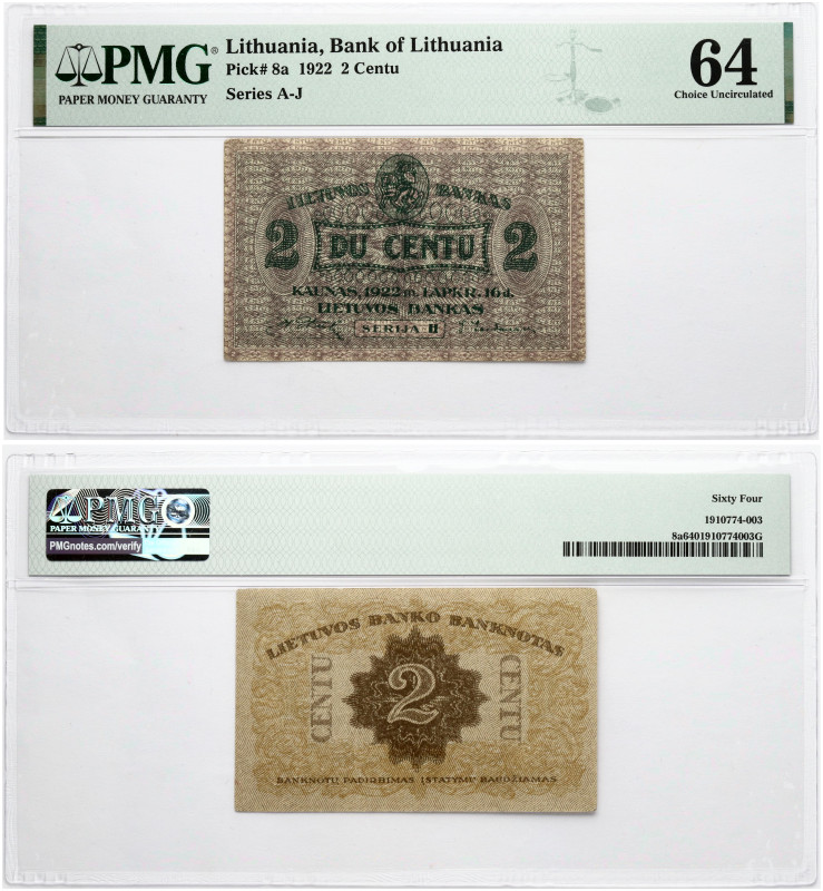 Lithuania. 2 Centu 1922. Series H. Pick-8a. PMG 64 Choice Uncirculated