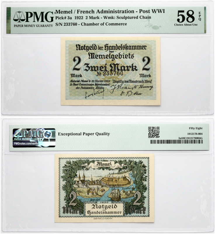 Memel. 2 Mark 1922. S/N 233760. Pick-3a. PMG 58 Choice About Unc EPQ