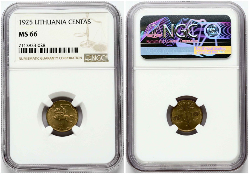 Lithuania. 1 Centas 1925. Aluminum-bronze. KM 71. NGC MS 66