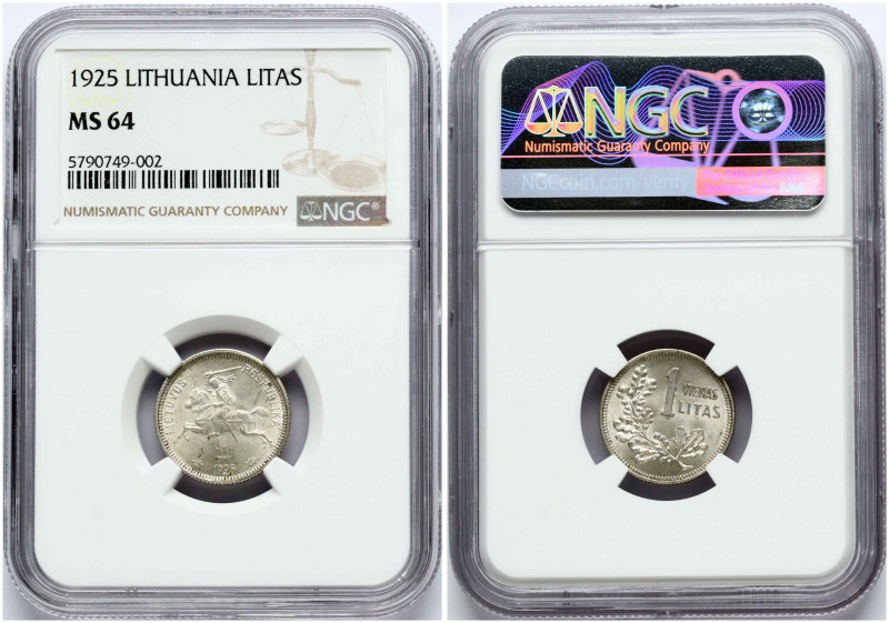 Lithuania. 1 Litas 1925 Mare variety (Kumele). Silver. KM 76. NGC MS 64