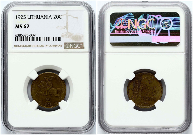 Lithuania. 20 Centu 1925. Aluminum-bronze. KM-74. NGC MS 62