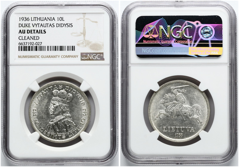 Lithuania. 10 Litu 1936 Vytautas. Silver. KM-83. NGC AU Details