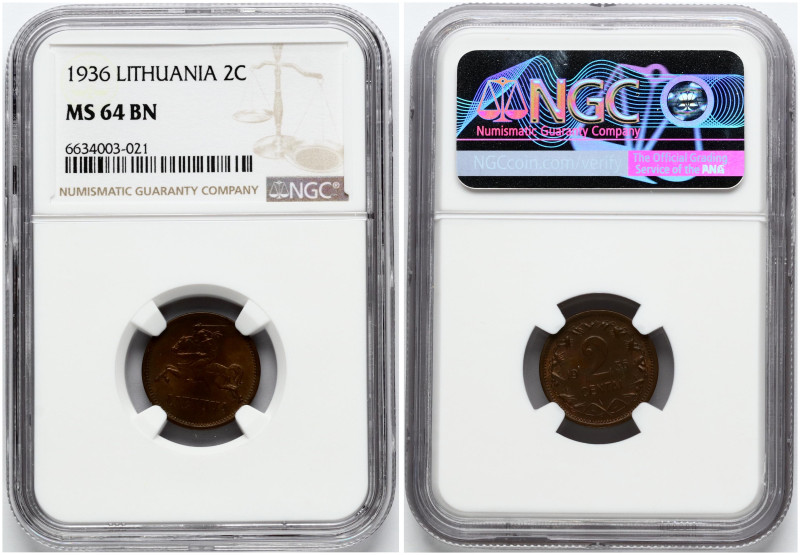 Lithuania. 2 Centai 1936. Bronze. KM 80. NGC MS 64 BN