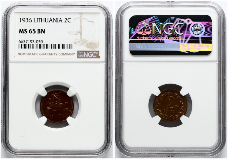 Lithuania. 2 Centai 1936. Bronze. KM-80. NGC MS 65 BN. ONLY 2 COINS IN HIGHER GR...