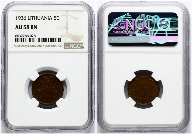 Lithuania. 5 Centai 1936. Bronze. KM-81. NGC AU 58 BN