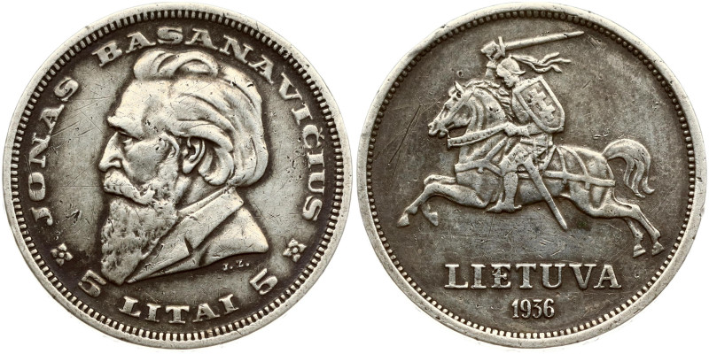 Lithuania. 5 Litai 1936 Jonas Basanavicius. Silver 8.91 g. KM-82.