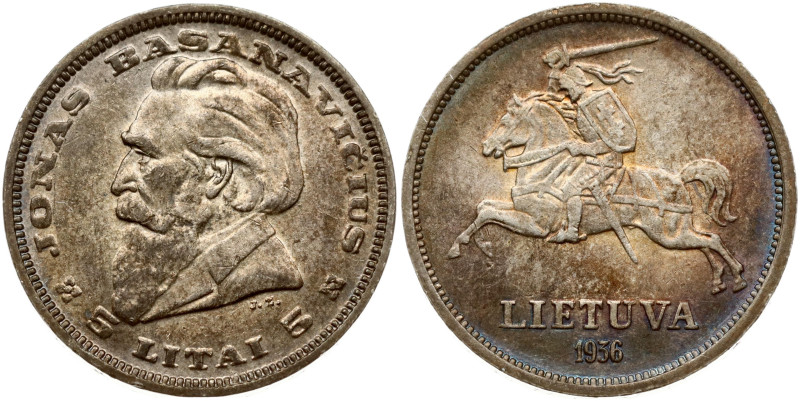 Lithuania. 5 Litai 1936 Jonas Basanavicius. Silver 8.96 g. KM-82. Old patina.