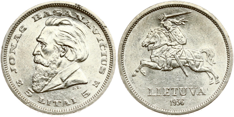 Lithuania. 5 Litai 1936 Jonas Basanavicius. Silver 8.96 g. Edge dent. KM-82.