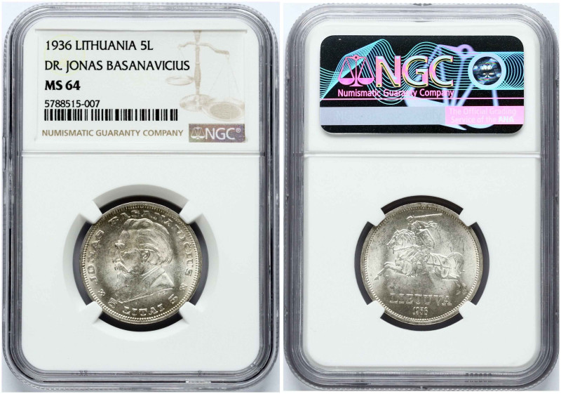 Lithuania. 5 Litai 1936 Jonas Basanavičius. Silver. KM-82. NGC MS 64