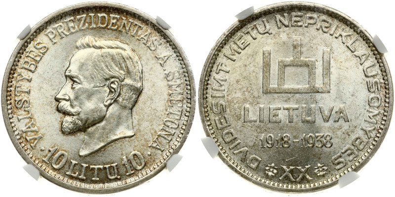 Lithuania. 10 Litų 1938 Smetona - 20th anniversary of Republic. Silver. KM-84. N...