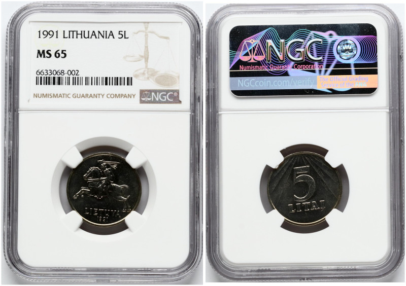 Lithuania. 5 Litai 1991. Copper-nickel. KM-93. NGC MS 65