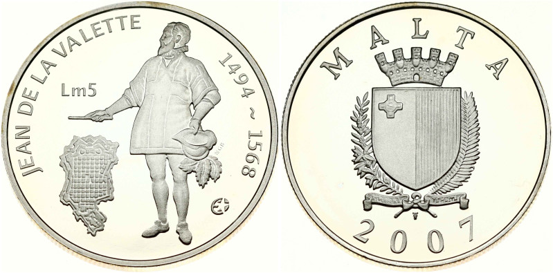 Malta 5 Liri 2007 Jean de la Valette. Obverse: Crowned shield within sprigs. Rev...