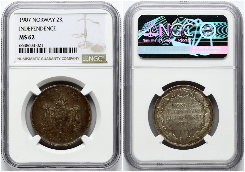 Norway. Haakon VII (1905-1957). 2 Kroner 1907 Independence. Silver. KM-365. NGC ...