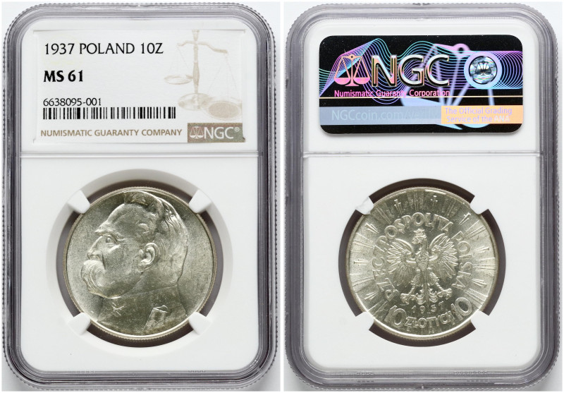 Poland. 10 Zlotych 1937 Jozef Pilsudski. Silver. Parchim. 123d; Y-29. NGC MS 61