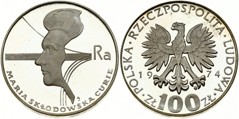 Poland. 100 Zlotych 1974 Marie Sklodowska Curie. Silver .625, 16.56 g. Parchim. ...