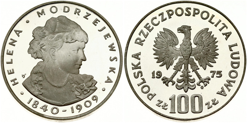 Poland. 100 Zlotych 1975 Helena Modrzejewska. Silver .625, 16.68 g. Parchim. 272...