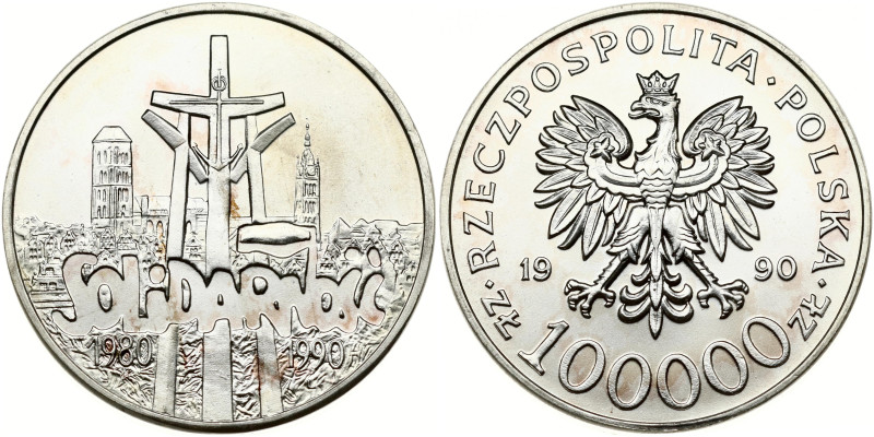 Poland. 100 000 Zlotych 1990 L Solidarnosc. Silver .999, 31.1 g. Parchim. 619; Y...