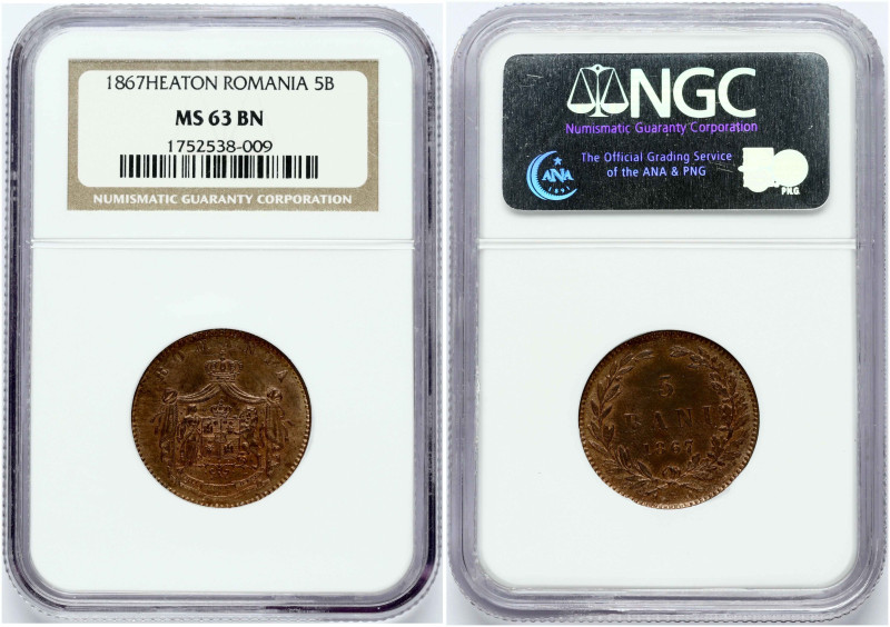 Romania. Carol I (1866-1881). 5 Bani 1867 Heaton. Copper. KM 3.1. NGC MS 63 BN O...