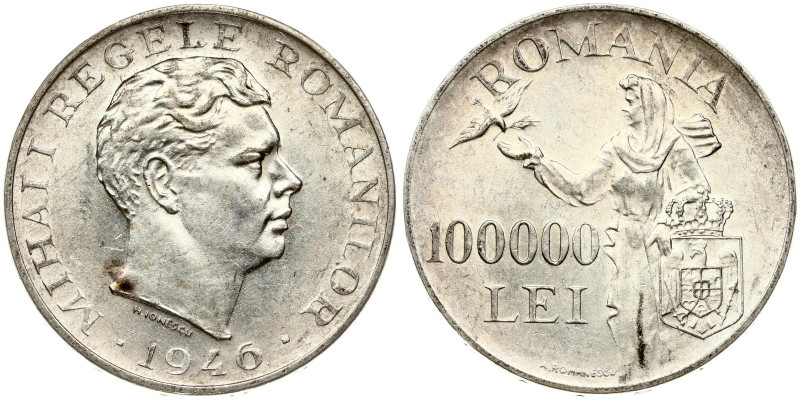 Romania 100 000 Lei 1946 Mihai I (1927-1930, 1940-1947). Silver .700, 25.20 g. K...