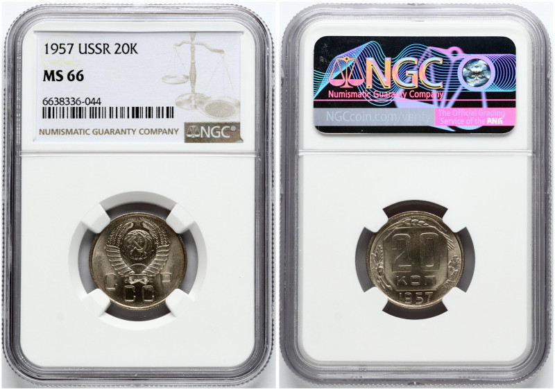 Russia, USSR. 20 Kopecks 1957. Copper-nickel. Y-125. NGC MS 66. TOP POP.