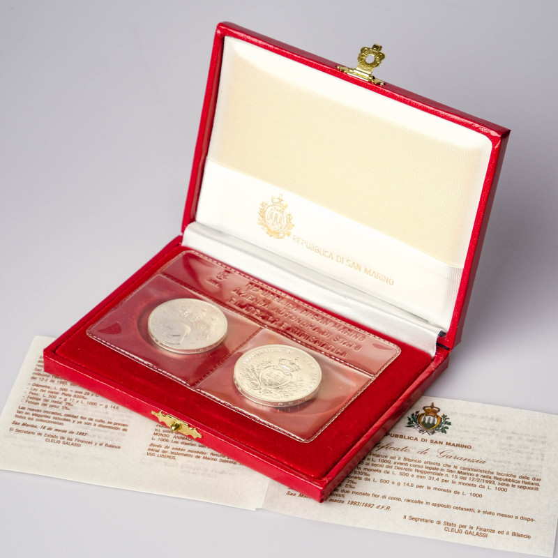 San Marino 500 & 1000 Lire 1993 R Wildlife Protection Set. Silver .835, total we...