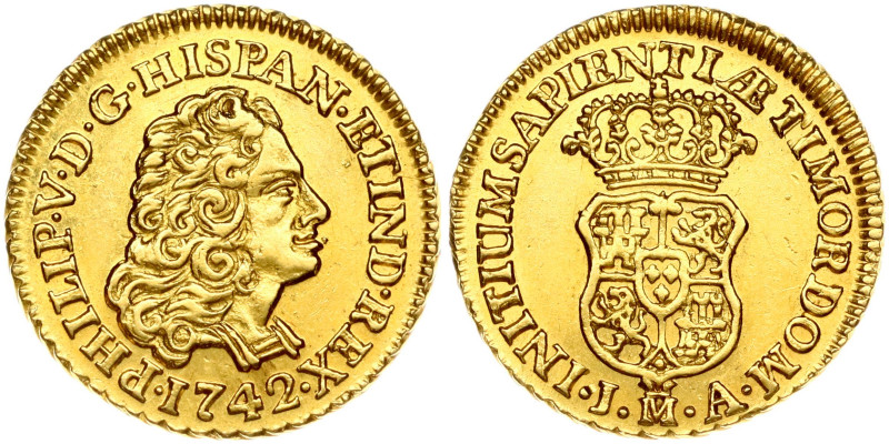 Spain. Felipe V (1700-1746). Escudo 1742 MJA, Madrid mint. Gold 3.38 g. Cayon 96...