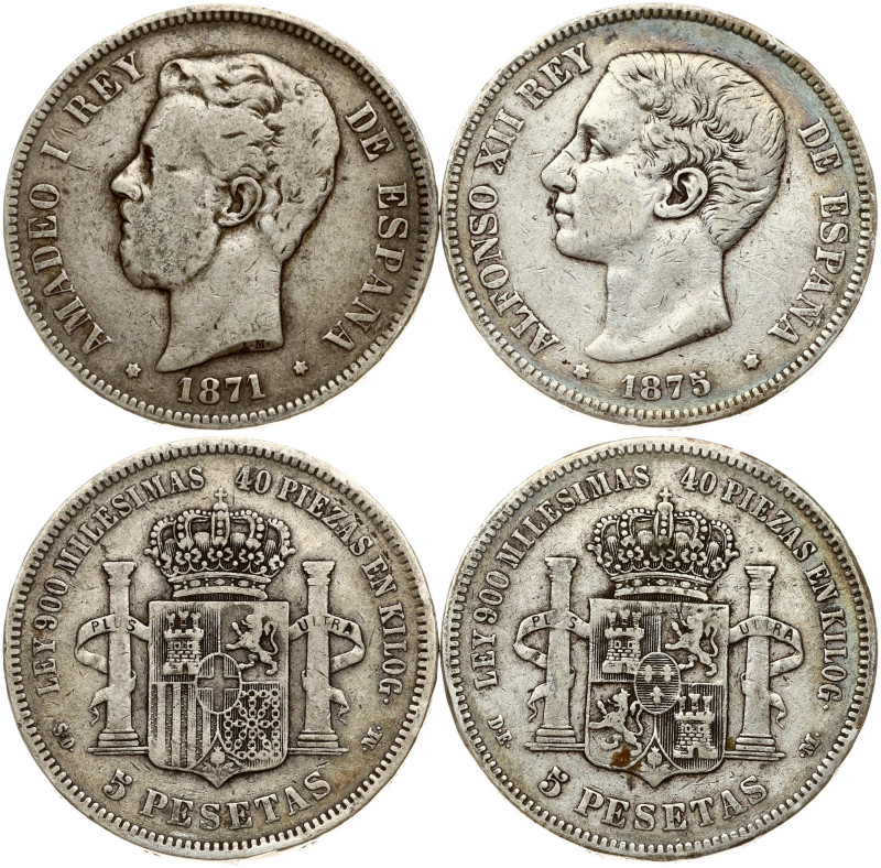 Spain. 5 Pesetas 1871 SDM & 5 Pesetas 1875 DEM. Silver total weight 49.00 g. KM-...