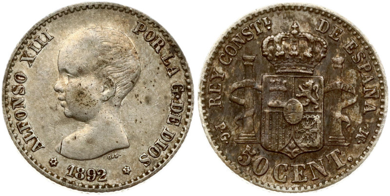 Spain. Alfonso XIII (1886-1931). 50 Centimos 1892 PGM. Silver 2.48 g. KM-690, Ca...