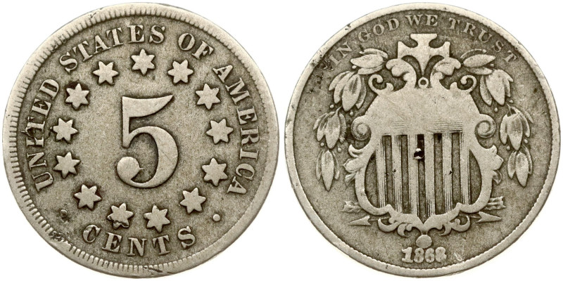 USA. 5 Cents 1868 'Shield Nickel', without rays. Copper-nickel 4.92 g. KM-97.