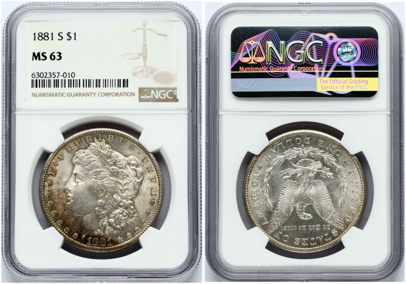 USA. Morgan Dollar 1881 S, San Francisco. Silver. KM 110. NGC MS 63