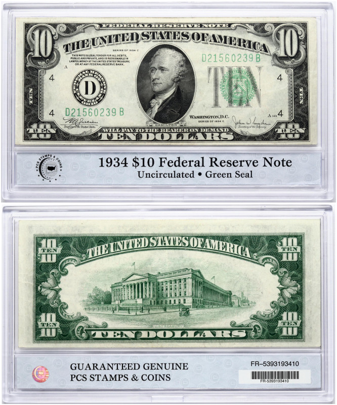 USA. 10 Dollars 1934 C Federal Reserve Note; Large TEN; Branch ID in Letters. S/...