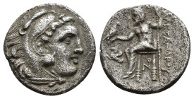 MACEDONIA. Alejandro III. Lampsacus. Dracma. A/ R/ Símbolo Pegaso delante y monograma debajo del trono. AR 4,04 g. 16,6 mm. PRC-1382. Porosidades. MBC...