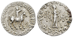 INDO-ESCITAS. Tetradracma. A/ El rey a caballo a der.; ley. griega. R/ Palas a der., delante y detrás monograma, alr. Ley. AR 9,65 g. 23,9 mm. Leveso ...