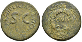 AUGUSTO. Sestercio. Roma (17 a.C.). A/ S C; P LICINIVS STOLO (IIII VIR A) A A F F. AE 21,85 g. 34,6 mm. RIC-345. Superficies erosionadas. MBC-.
