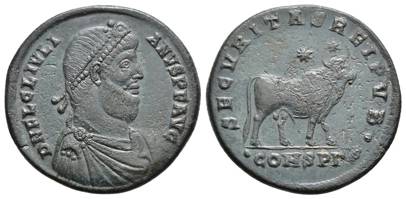 JULIANO II. Follis. Constantinopolis (361-363). A/ Busto diademado, drapeado y a...