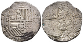 FELIPE II. 8 reales. Potosí. B. AR 27,2 g. 37,7 mm. AC-672. MBC. Escasa.