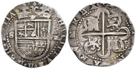 FELIPE II. 8 reales. Sevilla. Marca de ensayador "d cuadrada". AR 27,43 g. 36,7 mm. AC-720. MBC.