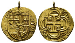 FELIPE II. 1 escudo. 1595. Sevilla. B. AU 3,43 g. 19,5 mm. AC-794. Anilla soldada en el canto. EBC/EBC-.
