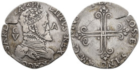 FELIPE II. 5 reales. Cagliari (S/F). AR 14,11 g. 35 mm. Olivares-164. Grieta. MBC.