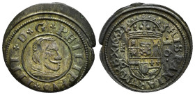 FELIPE IV. 16 maravedís. 1662. Segovia. BR. CU 3,88 g. 25,5 mm. JS-519. RS-495. AC-488. Cospel abierto. R.P.O. EBC-.