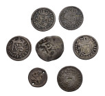 FELIPE V. Lote de 7 piezas: Felipe IV (2: 1/2 real México P y Segovia P); Felipe V (4 de 1/2 real y 1/4 de real 1811 México con 2 agujeros. BC+/MBC-....